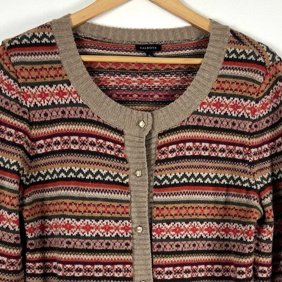 Talbots Fair Isle Wool Blend Button Up Cardigan Sweater 3/4 Sleeve sz L Soft - Picture 2 of 8
